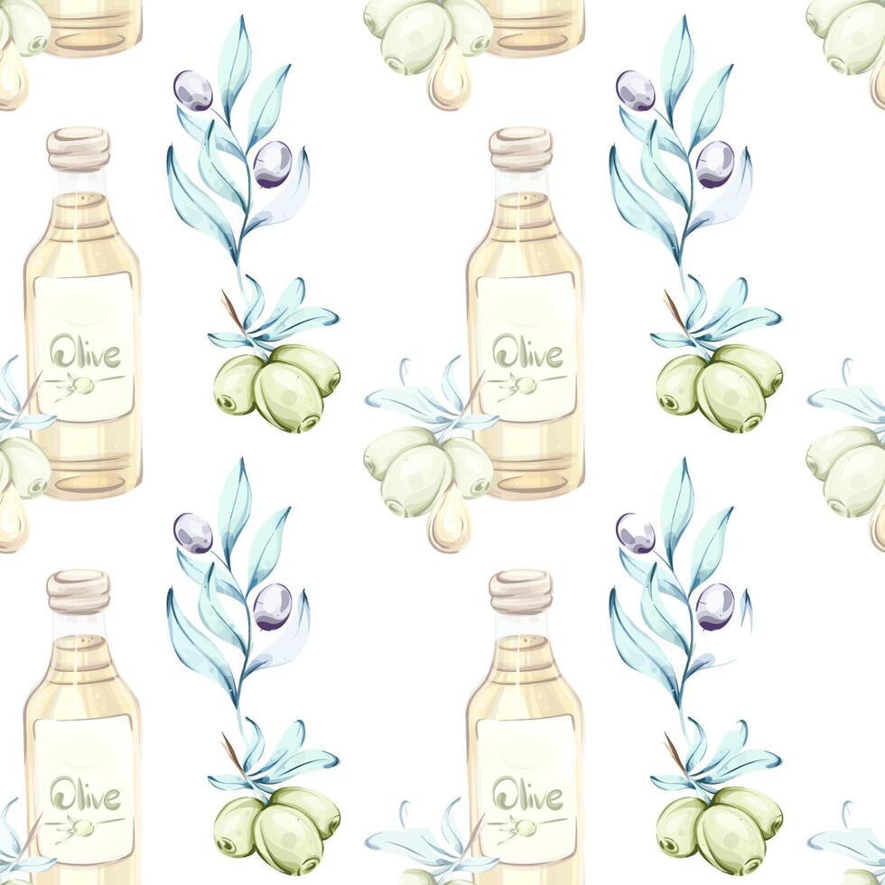 This seamless pattern showcases style and elegance with intricately painted olives and bottles of olive oil. vector