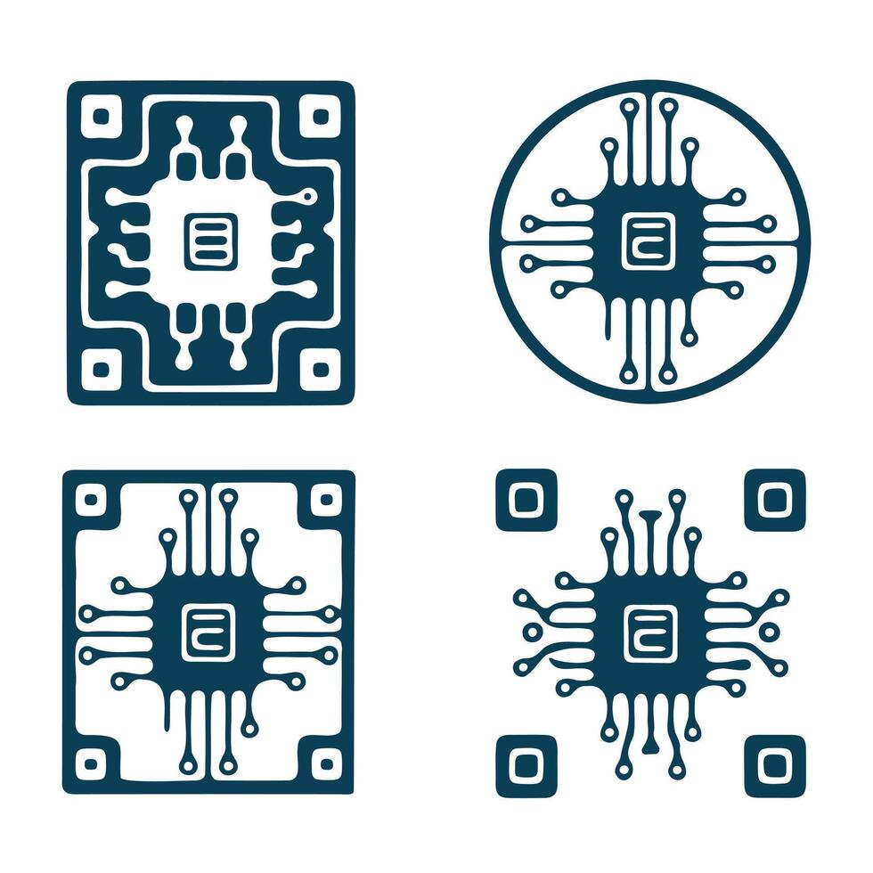 four electronic components, including a circuit board and a chip vector