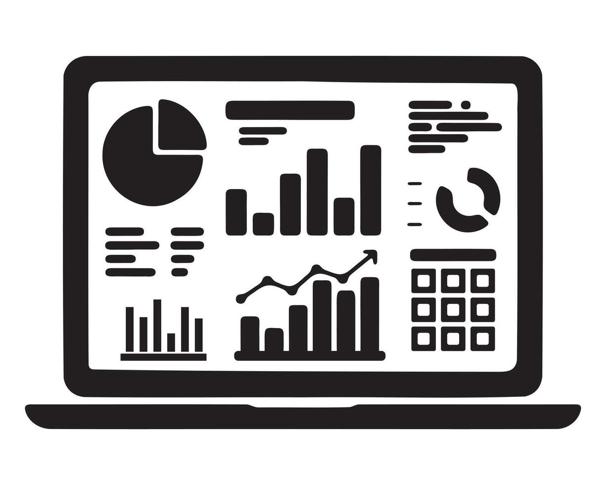 Laptop screen with charts and graphs silhouette vector
