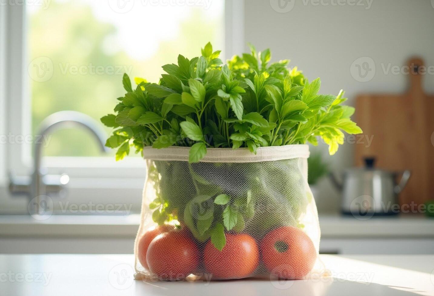 Vegetables in Cloth Bag with Soft Sunlight photo