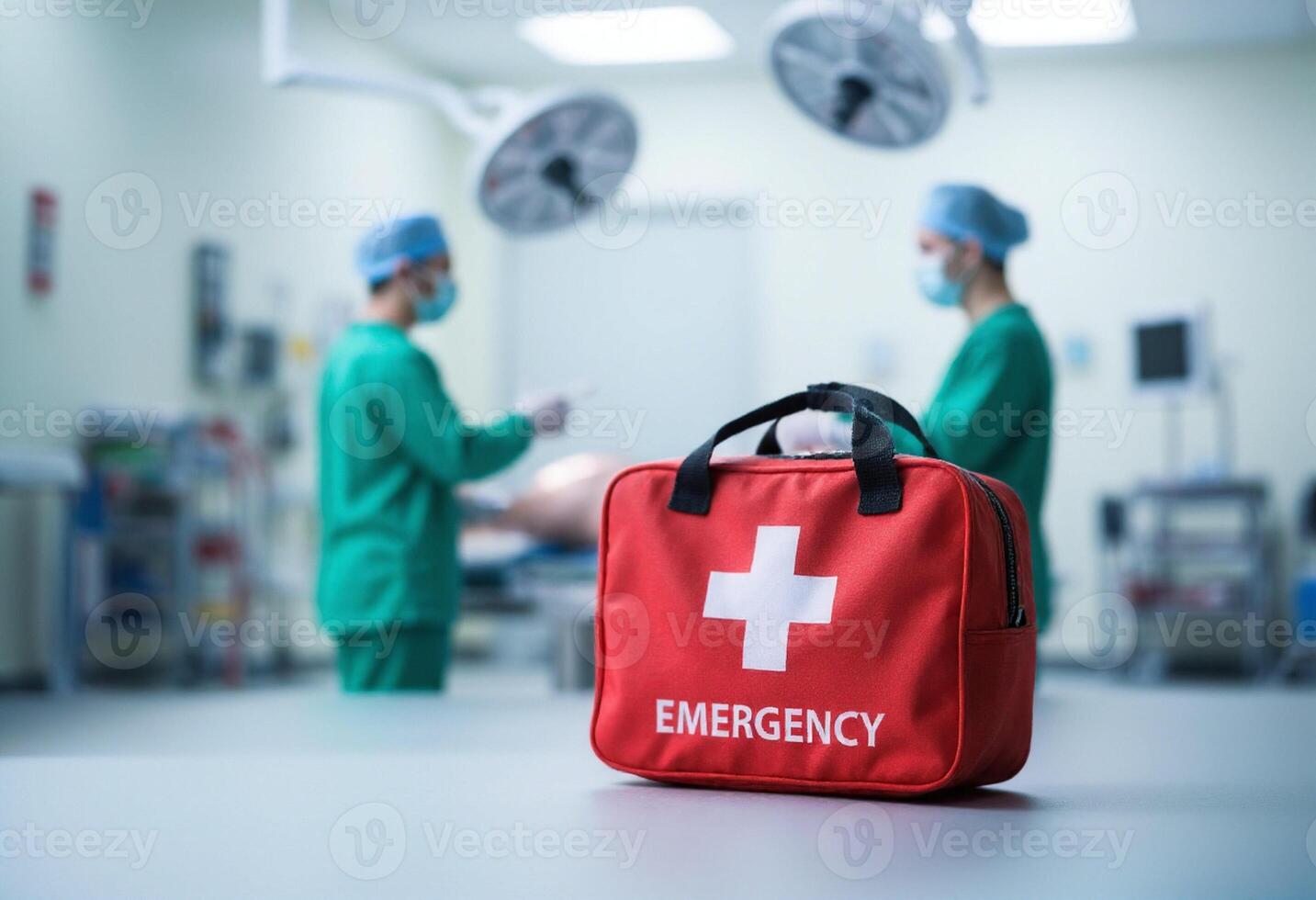 An emergency first aid kit is sitting on a table photo