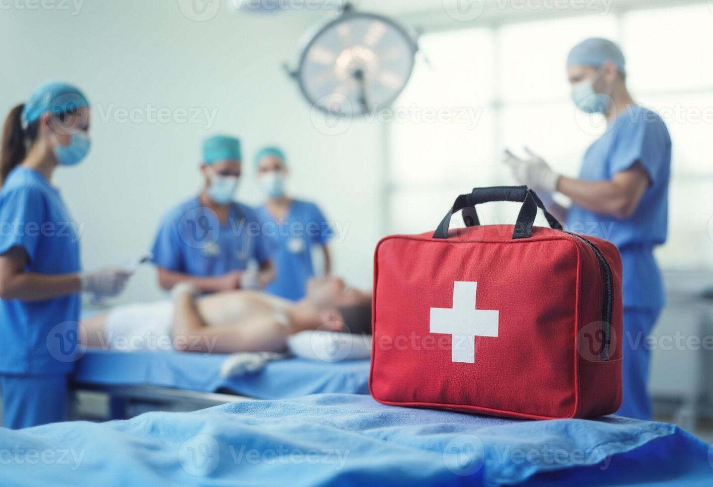 A first aid kit is on a table in a hospital photo