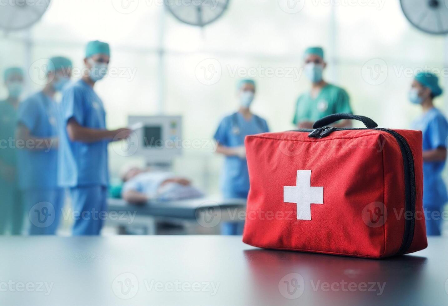 A first aid kit on a table in front of a hospital photo