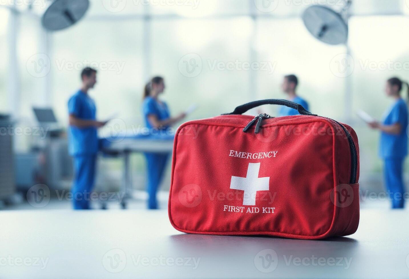 A first aid bag on a table in front of a group of doctors photo