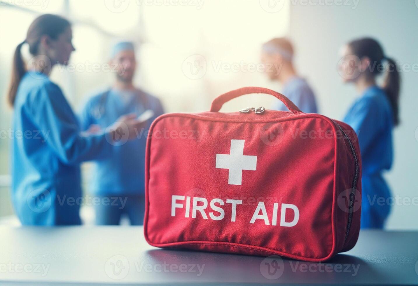 First aid kit on table with medical staff photo