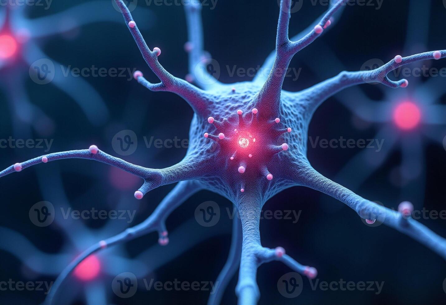 Red Glowing Synapse Among Blue Neural Threads photo