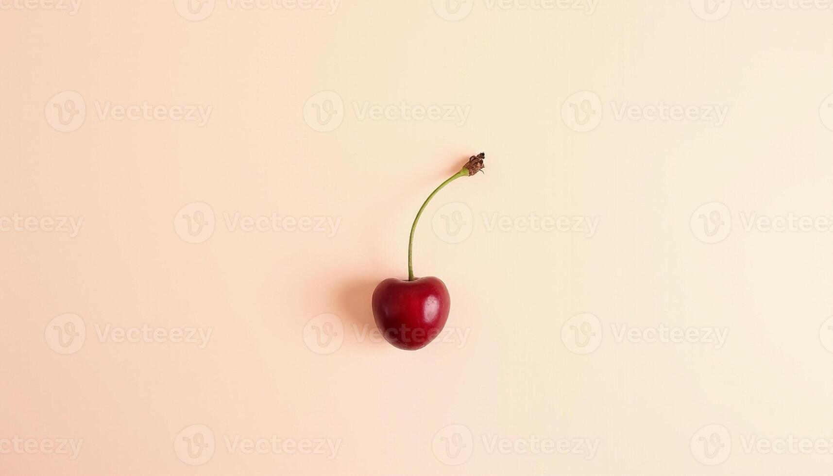Paired cherries on white surface, top view minimalist style. photo