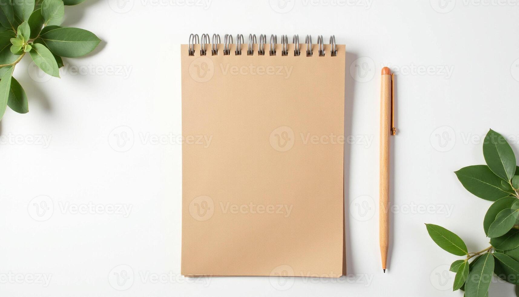 Brown notebook and pencil with leafy plant flat lay on white background. photo