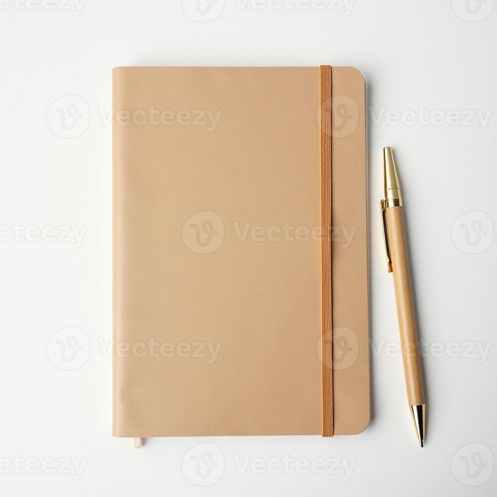 Neatly placed notebook and pen with modern minimal aesthetic. photo