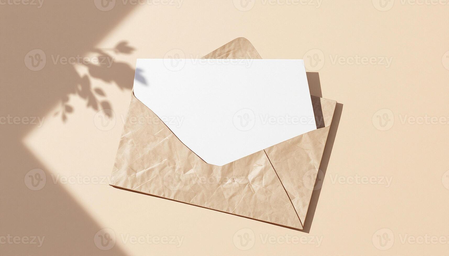 An envelope with a blank sheet of paper on a beige background photo