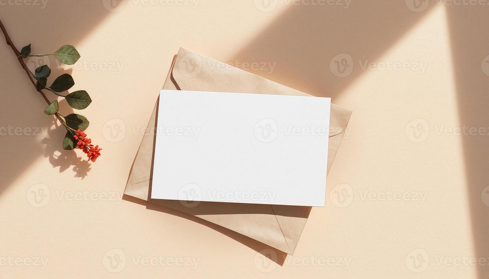 Blank card on a brown paper with a leaf on a beige background photo