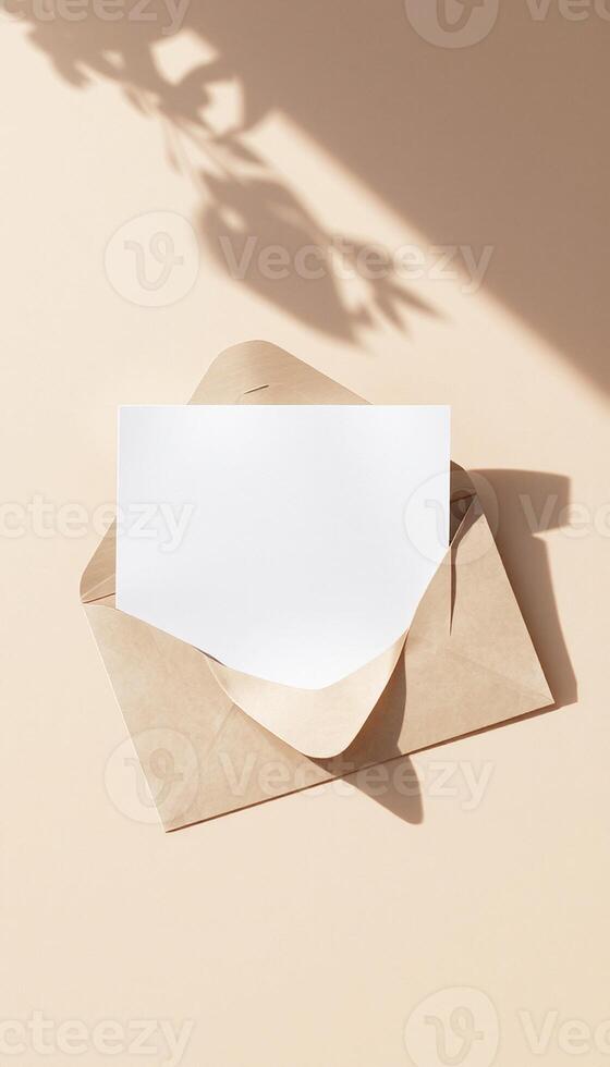 An envelope with a blank card on a table photo