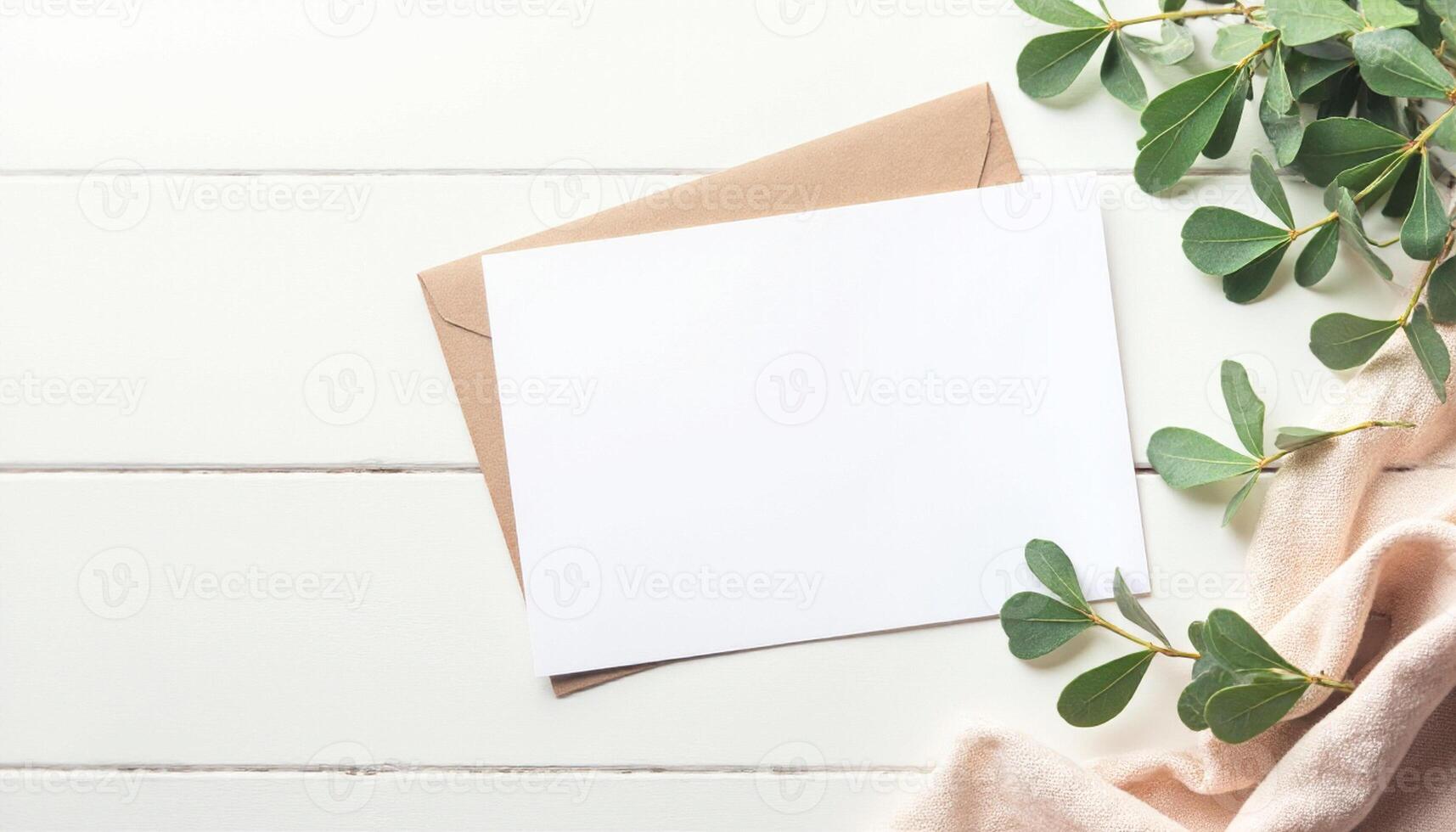 Blank card and eucalyptus leaves on white wooden background photo