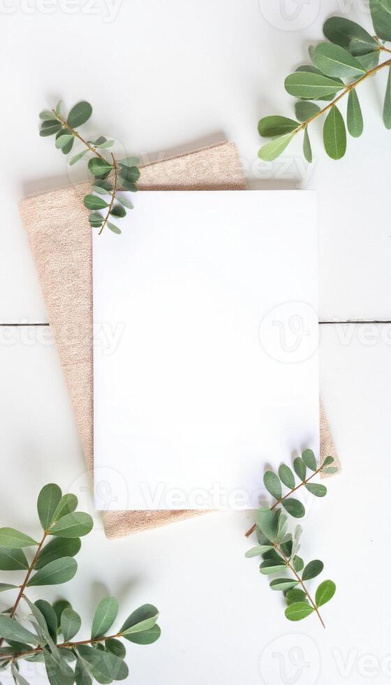 Blank paper and eucalyptus leaves on white table top view photo