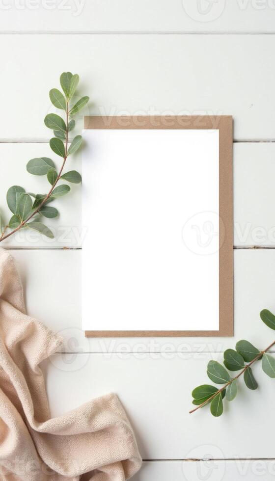 Greeting card mockup on white wooden background photo