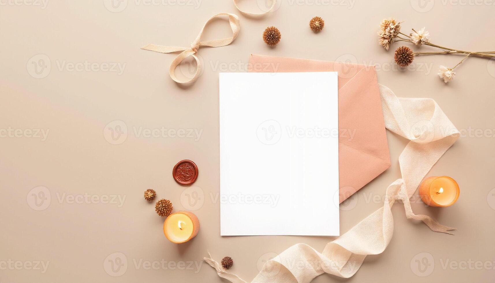 Blank white paper with candles and ribbon on a beige background photo