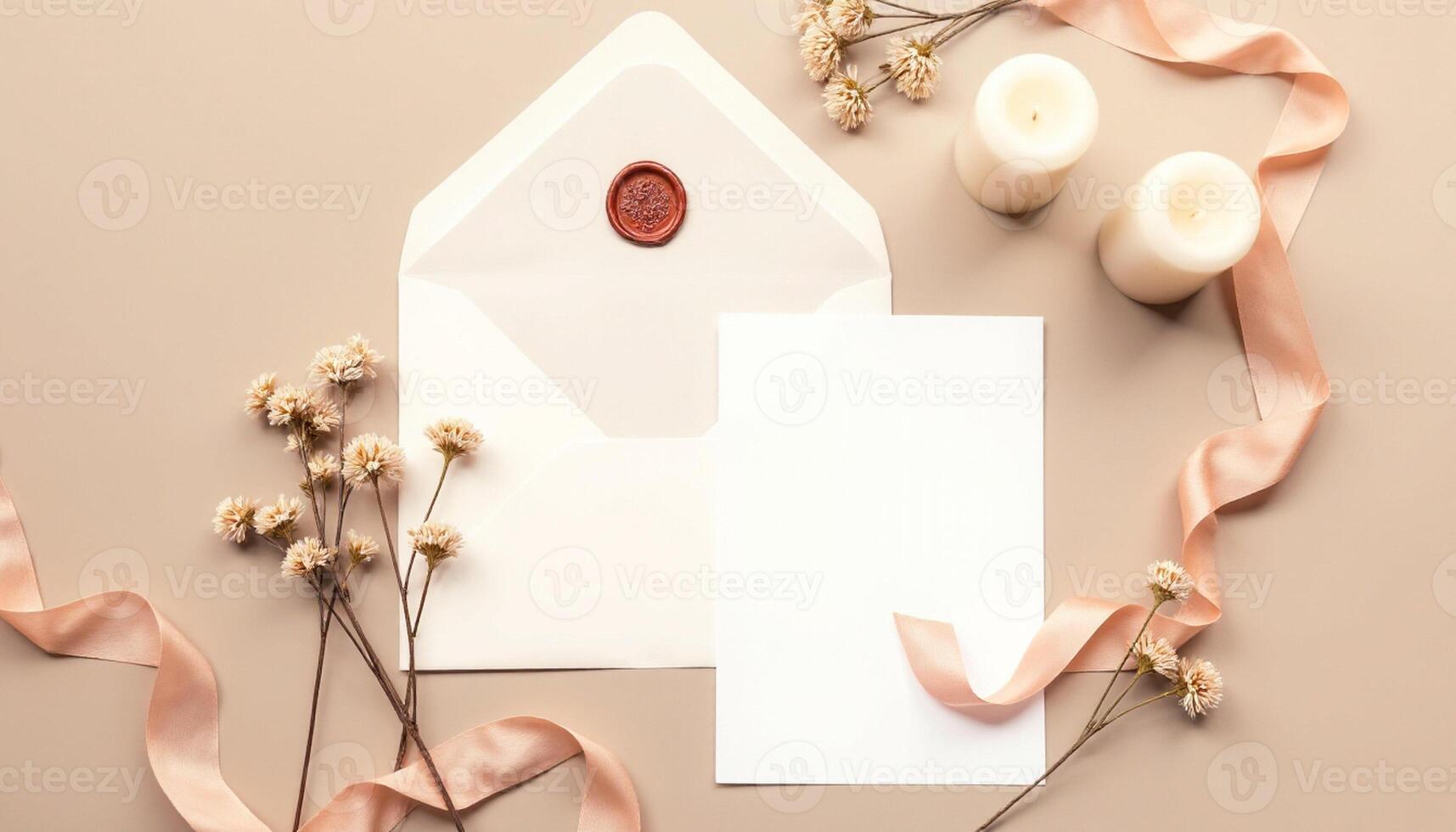 An envelope with candles and flowers on a beige background photo