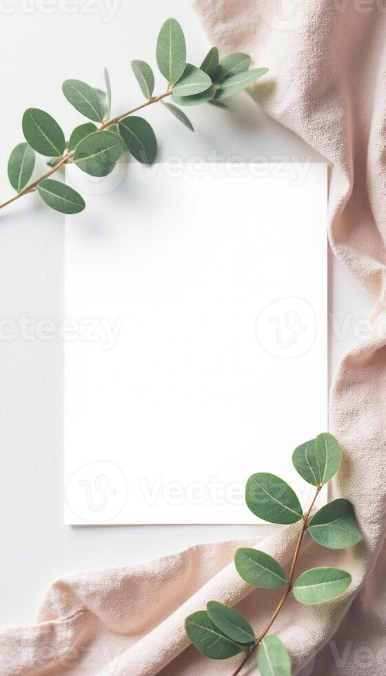 Blank paper with eucalyptus leaves on a pink cloth photo