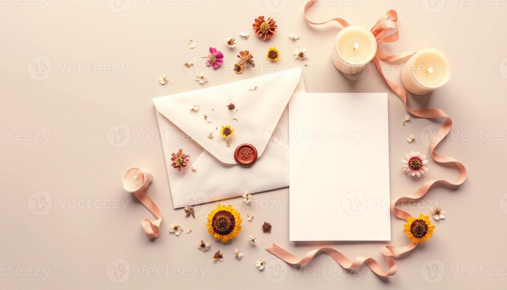 An open envelope with flowers and candles on a light background photo