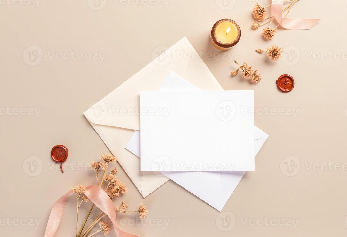 Blank white envelope with wax seal, dried flowers and candle on beige background photo