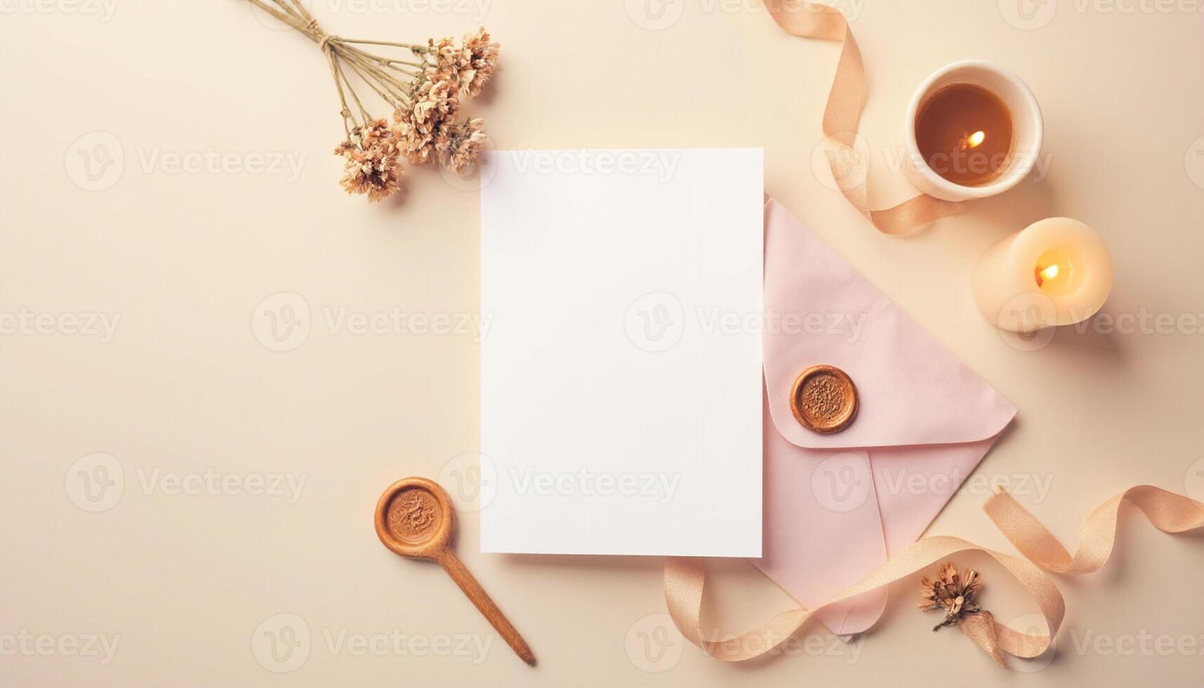 Blank paper, envelope, candle and spoon on beige background photo
