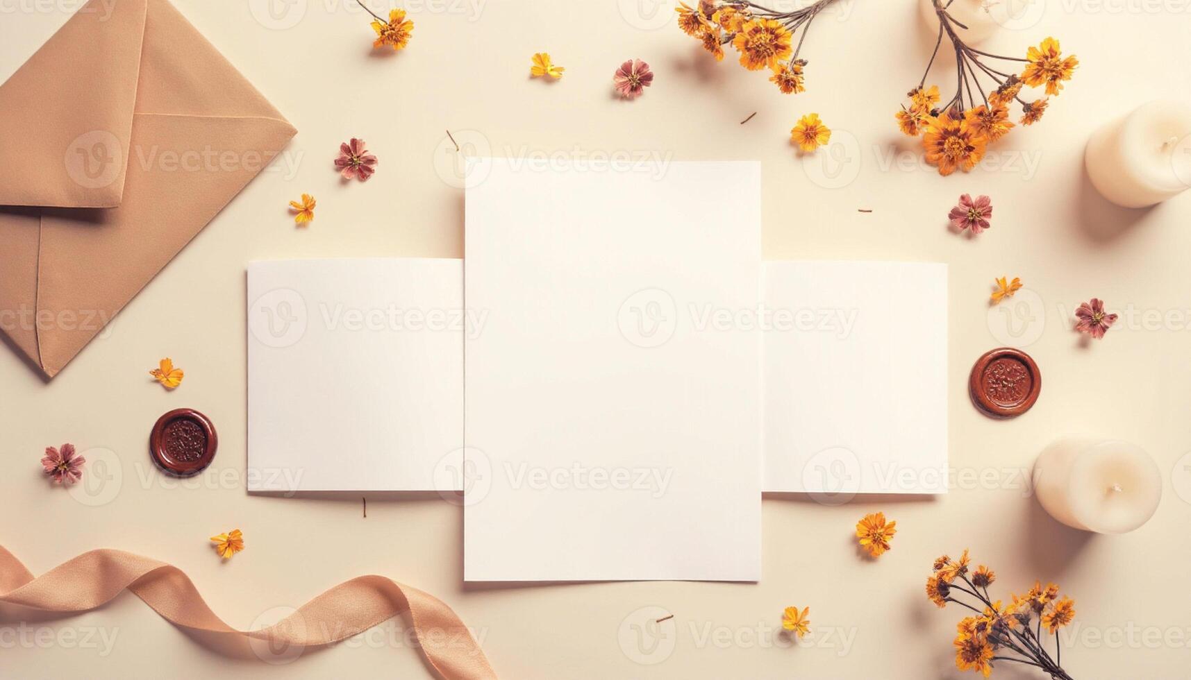 Blank paper, envelope, flowers and candles on a white background photo