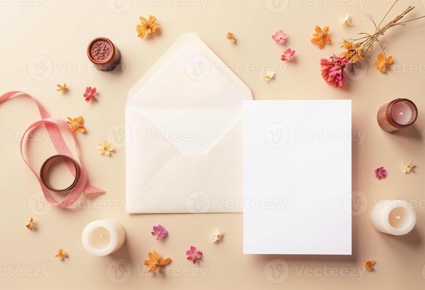 Blank white envelope with flowers and candles on beige background photo