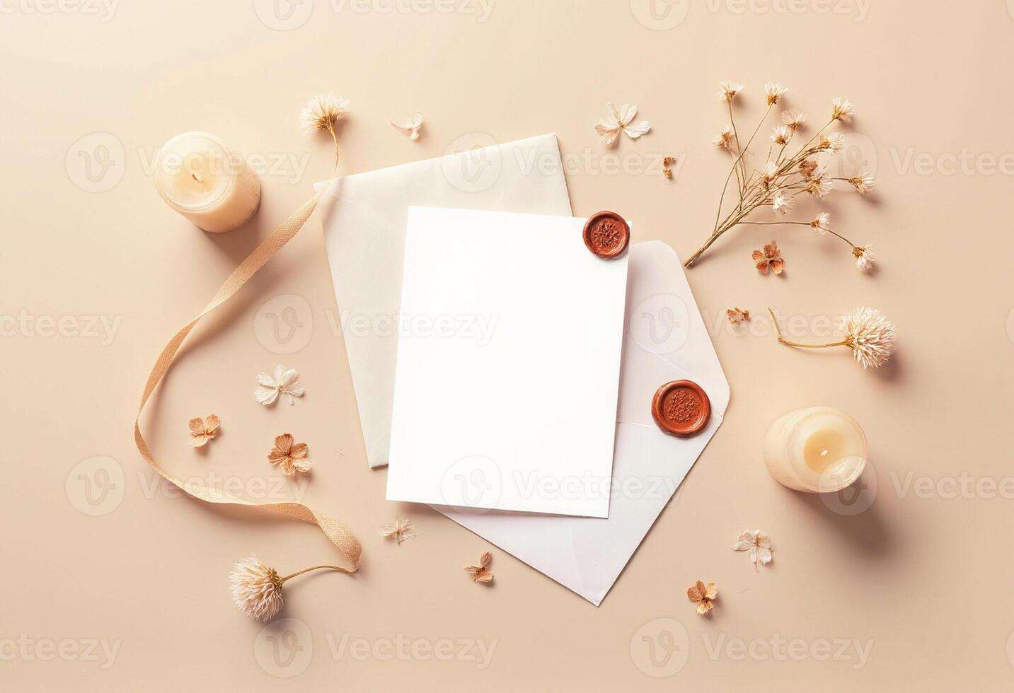 Blank paper, envelope and candles on a beige background photo