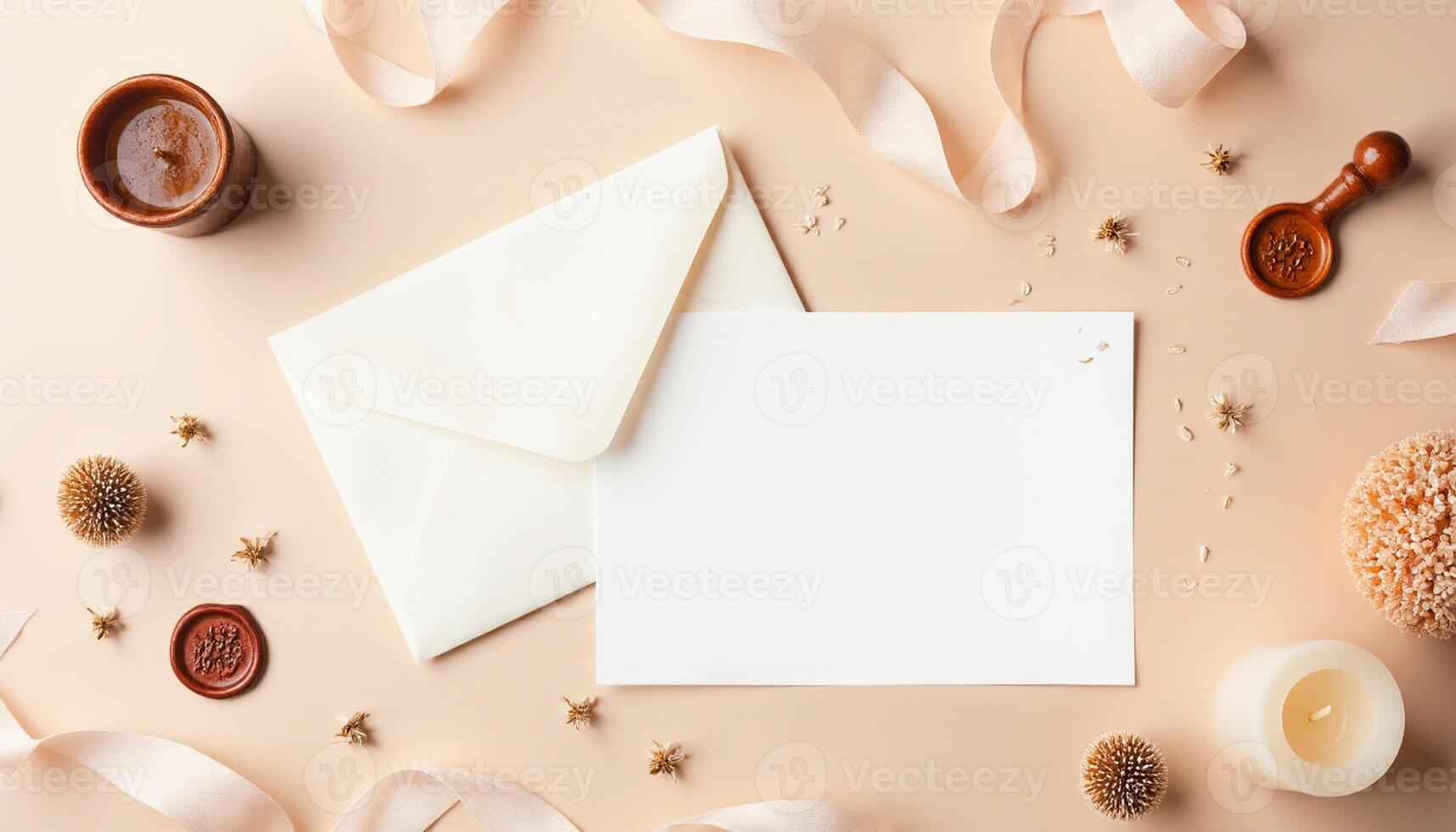 An open envelope surrounded by candles, coffee and other items photo