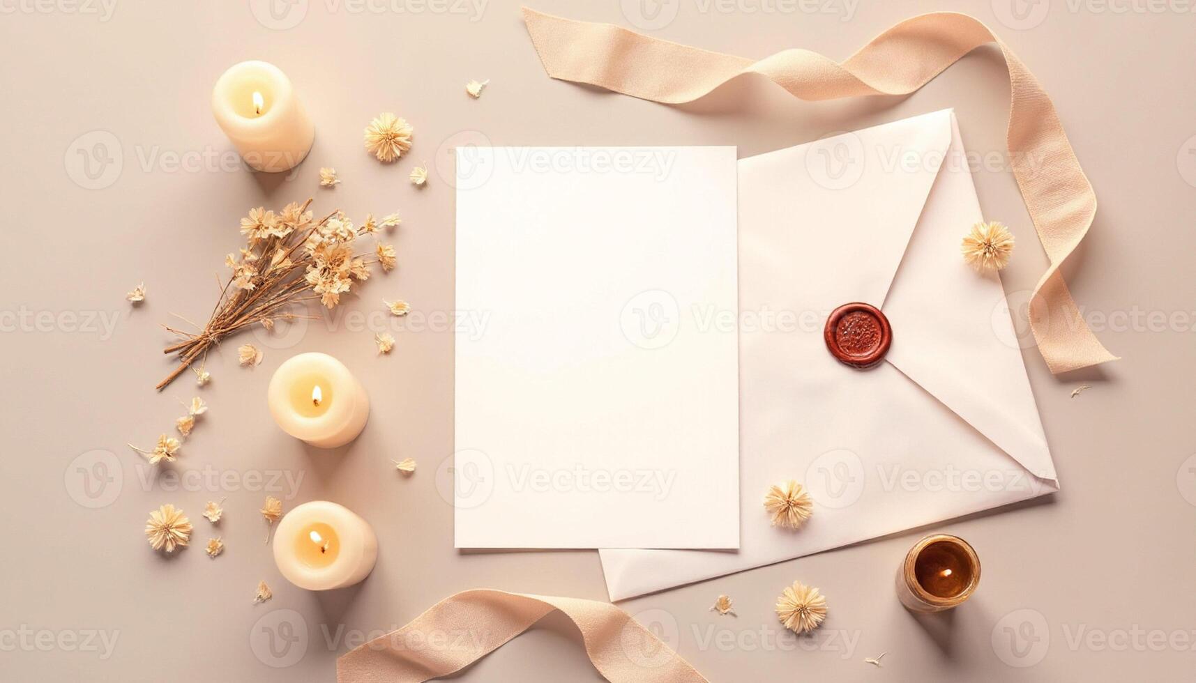 An open envelope with candles and flowers on a light background photo