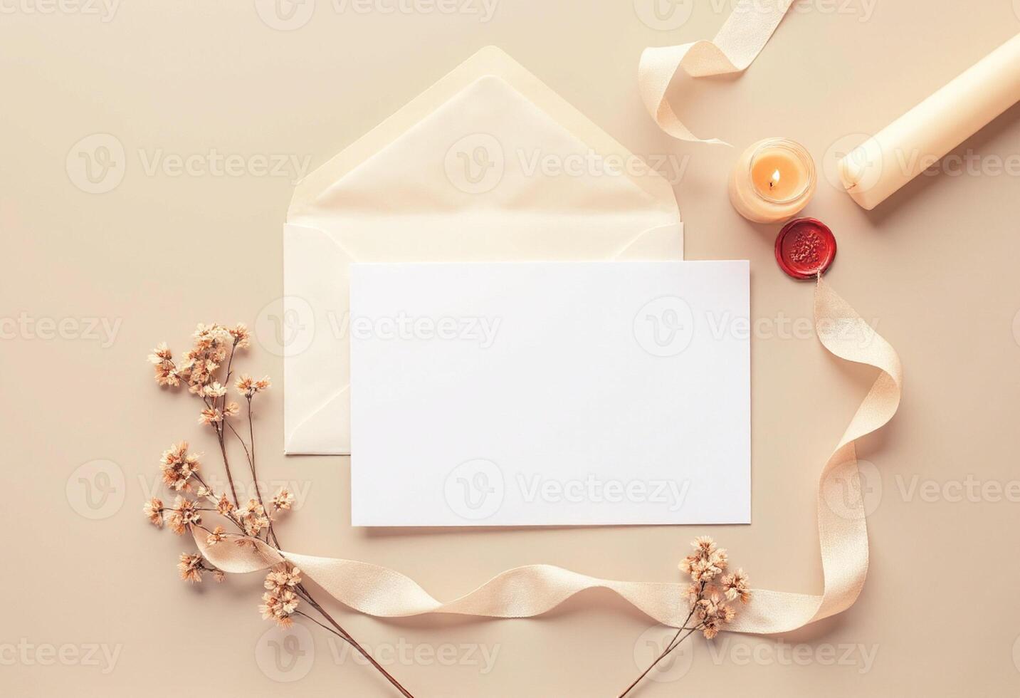 An envelope, paper, and a candle on a beige background photo