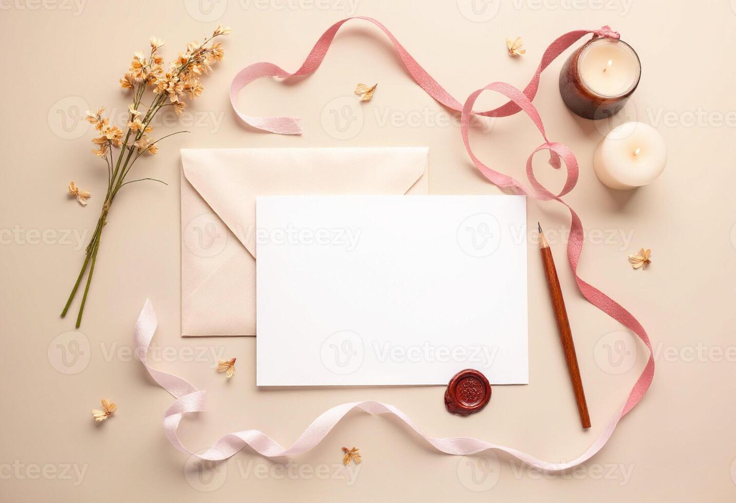 An open envelope with a blank sheet of paper, a candle, and a rose photo