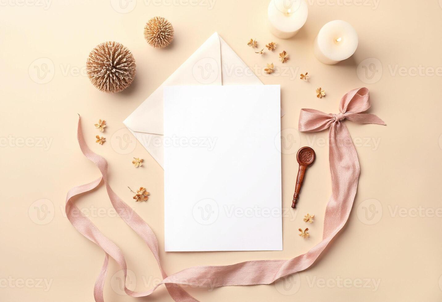 Blank white paper with pink ribbon and candles on a beige background photo