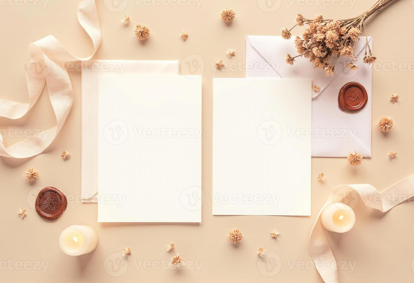 Blank white paper with envelope and candles on beige background photo