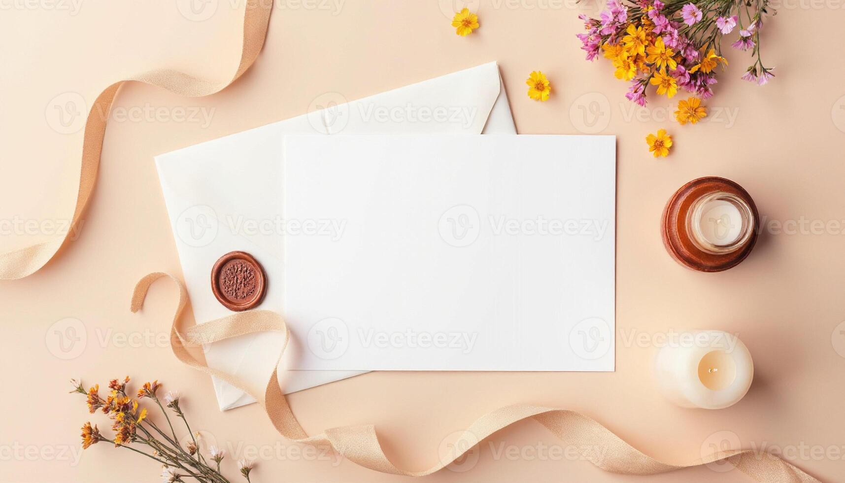 Blank white envelope with flowers and wax seal on a pink background photo