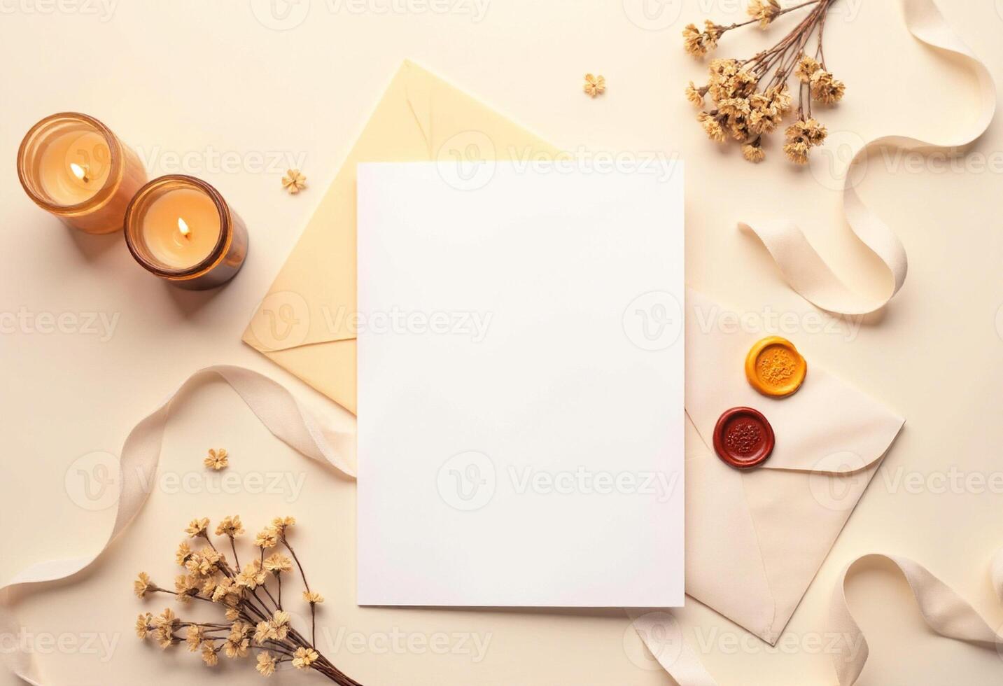 Blank paper, envelopes and candles on a beige background photo