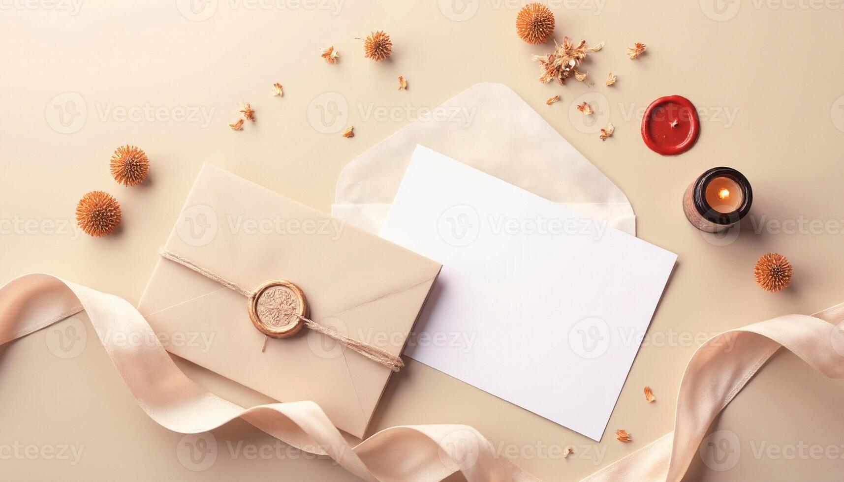 An open envelope with a ribbon and a candle photo