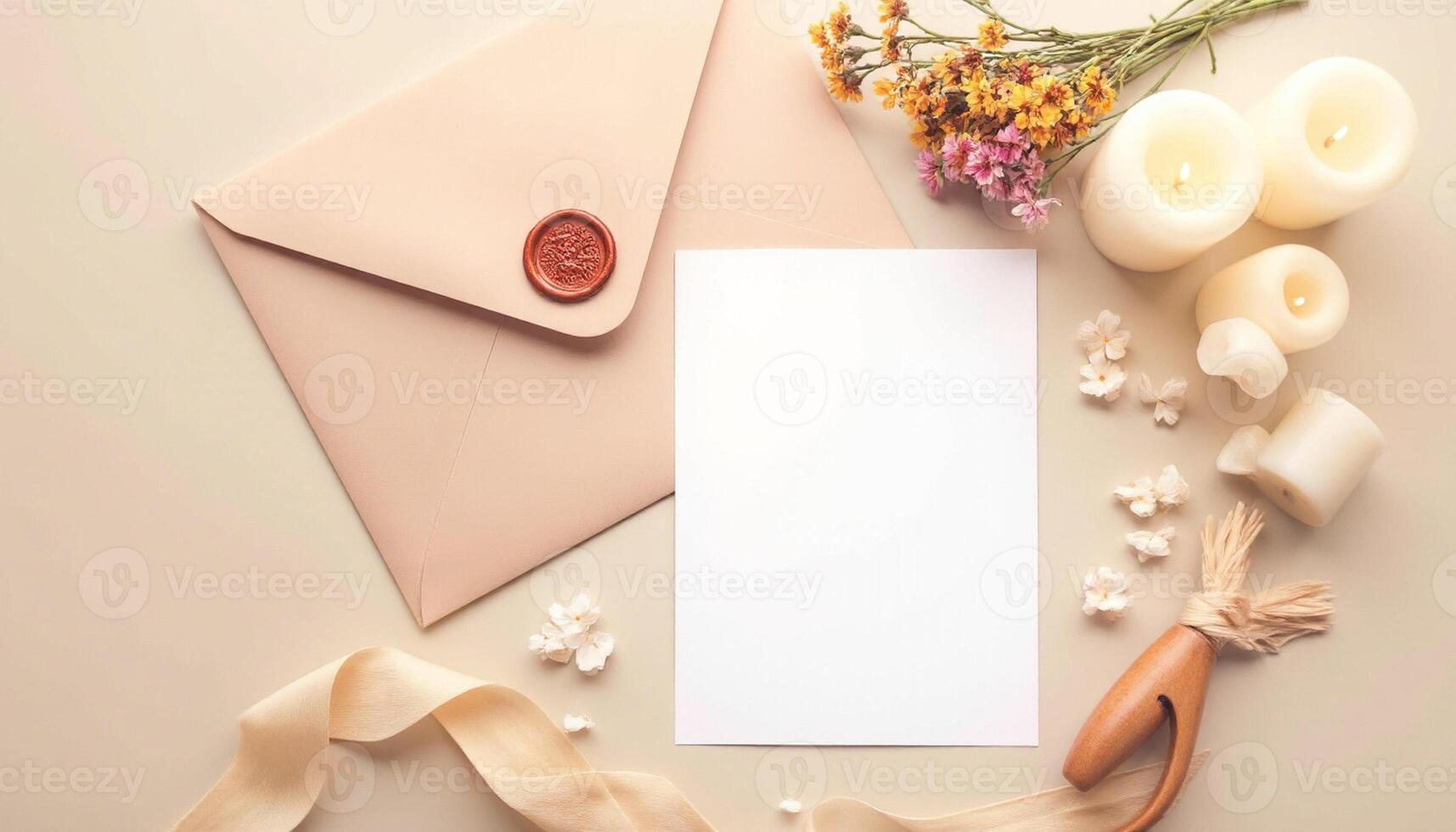 An envelope with a blank sheet of paper, candles, and flowers photo