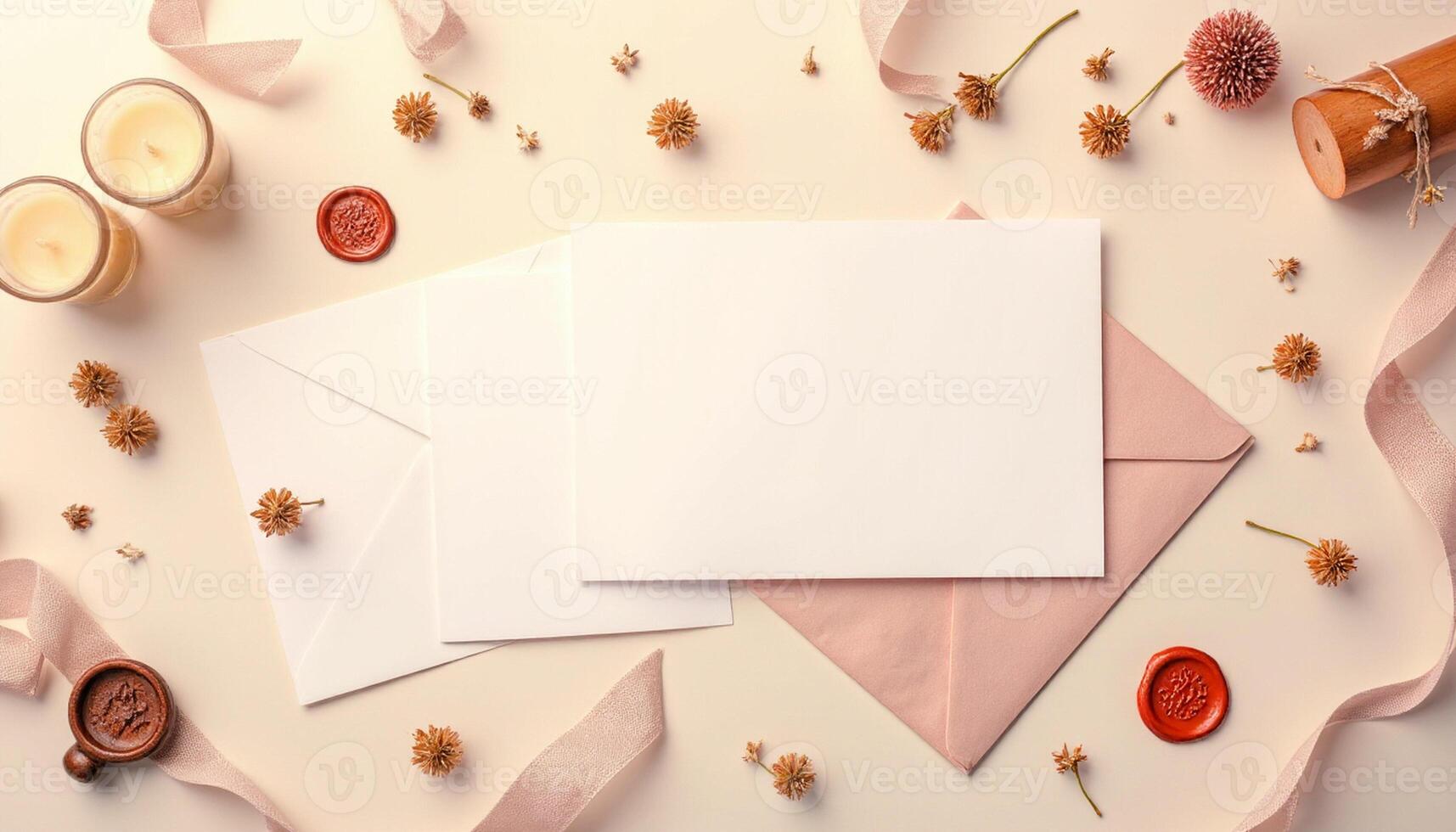 Blank white envelope with wax seal and flowers on a white background photo