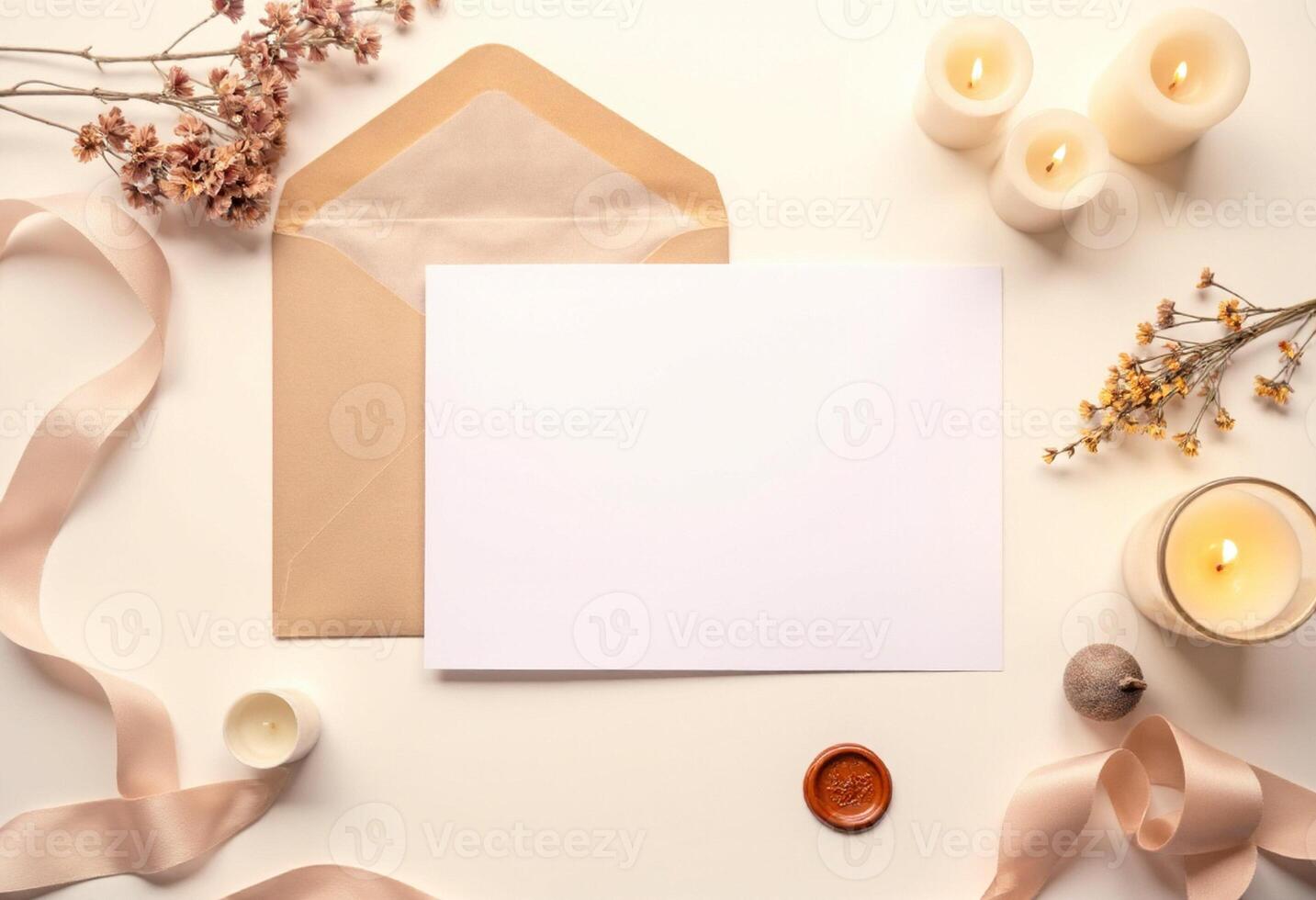 Blank white envelope with candles and ribbon on a white background photo