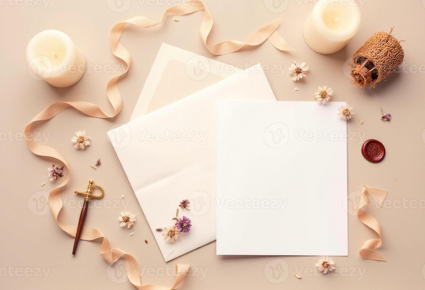 An open letter with a blank sheet of paper, candles and flowers photo