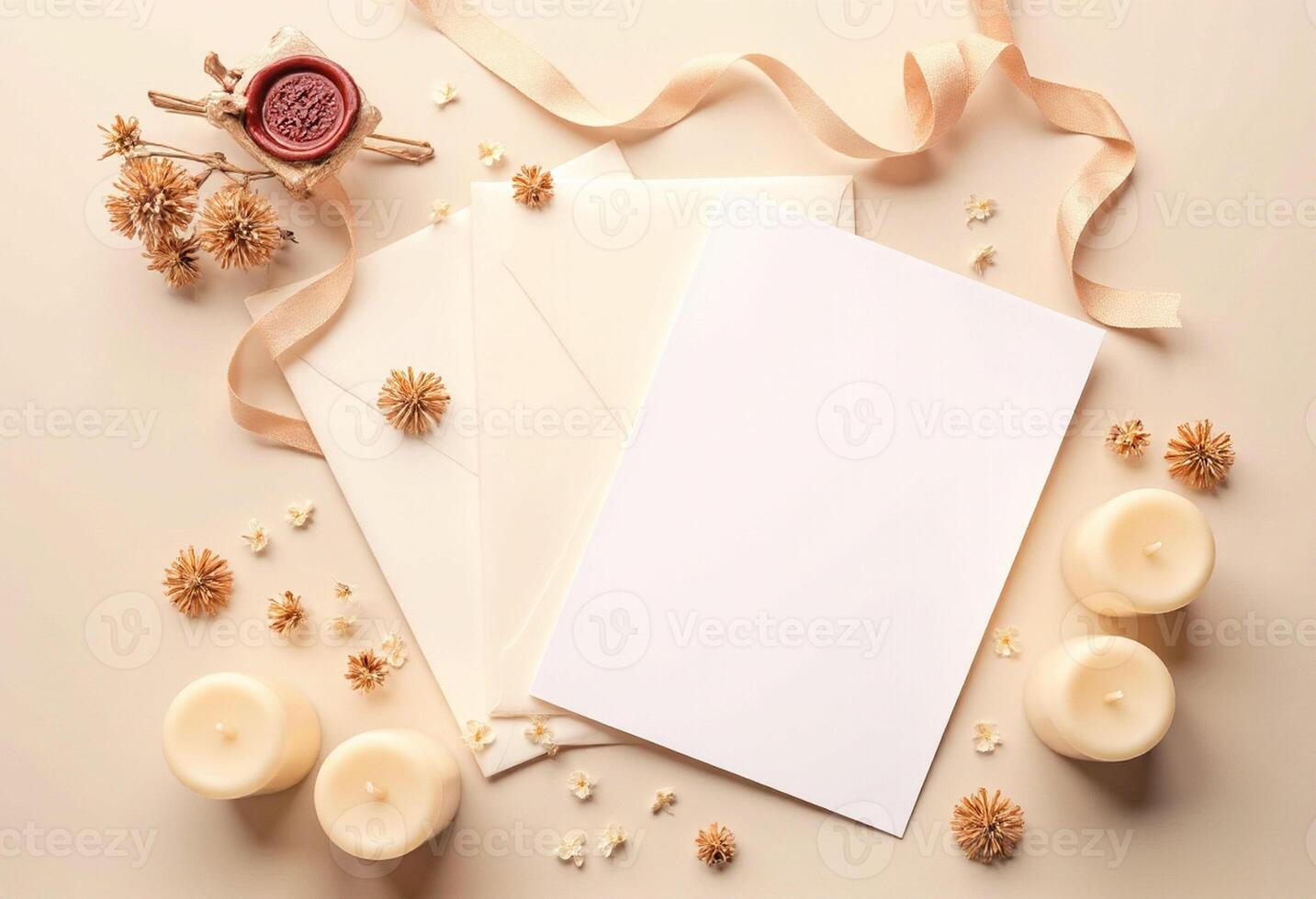 Blank white envelope with candles and ribbon on a beige background photo
