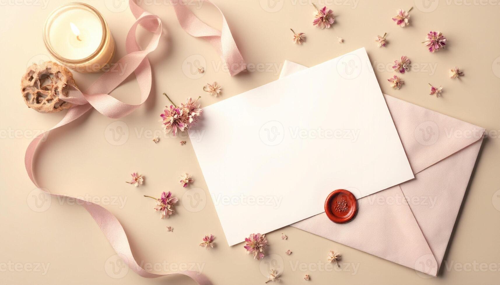 An open envelope with pink flowers and wax seal photo