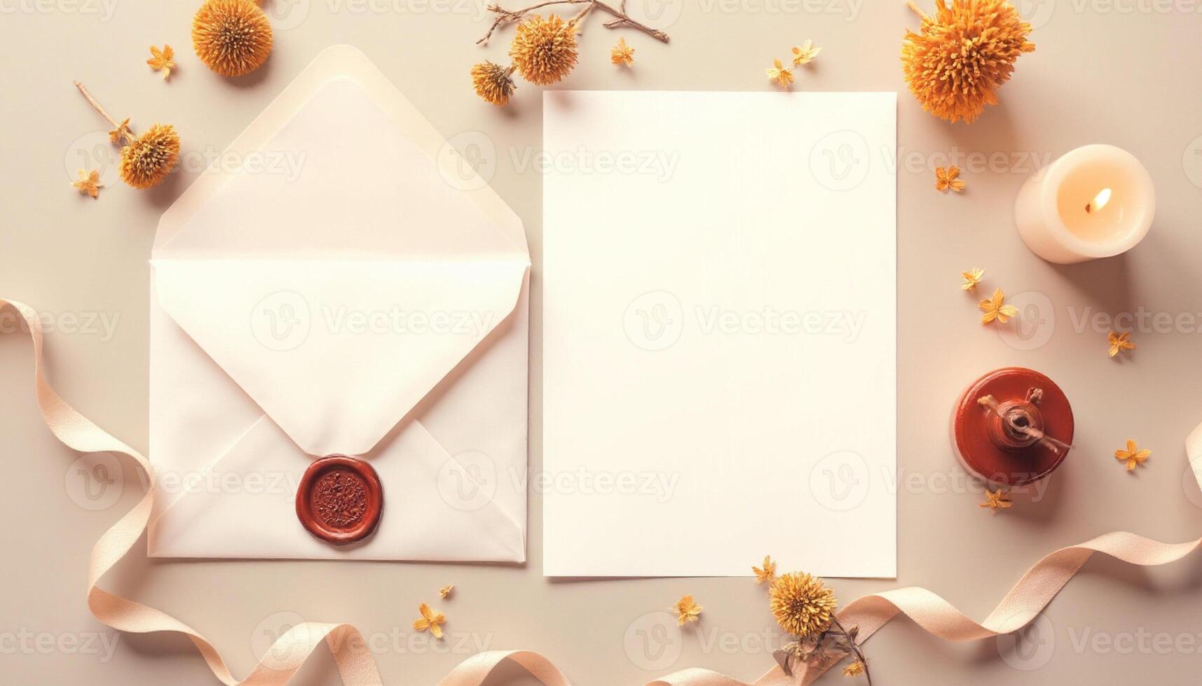 An open envelope with a wax seal, flowers and candles photo