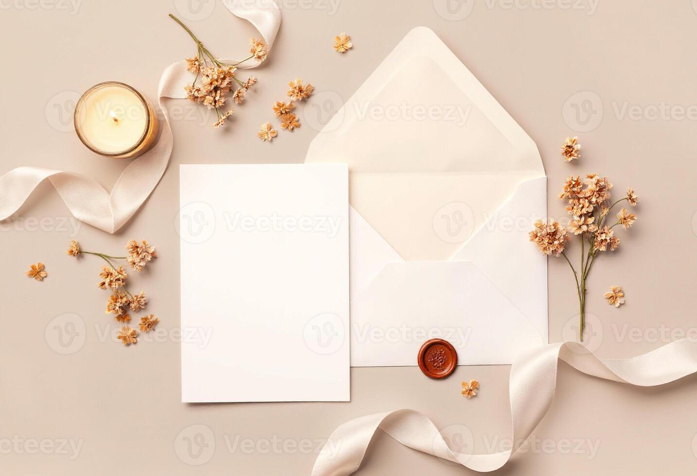 An open envelope with a candle and flowers on a beige background photo