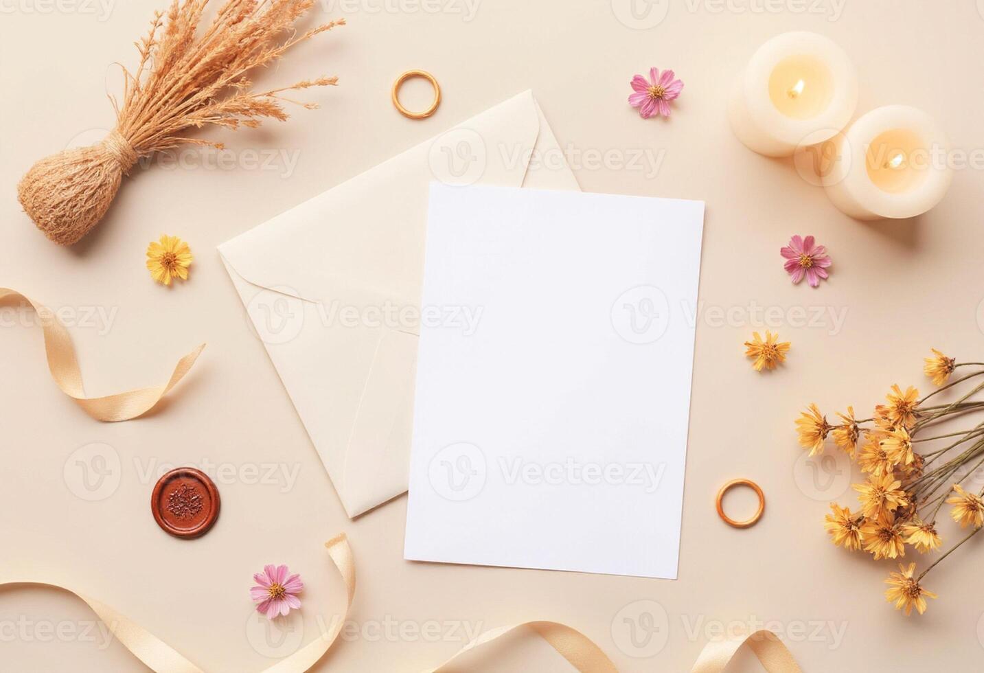 Blank paper, envelope, flowers, candles and ribbon on beige background photo