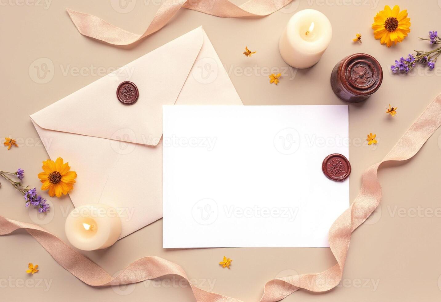 An envelope with a wax seal, flowers and candles on a beige background photo