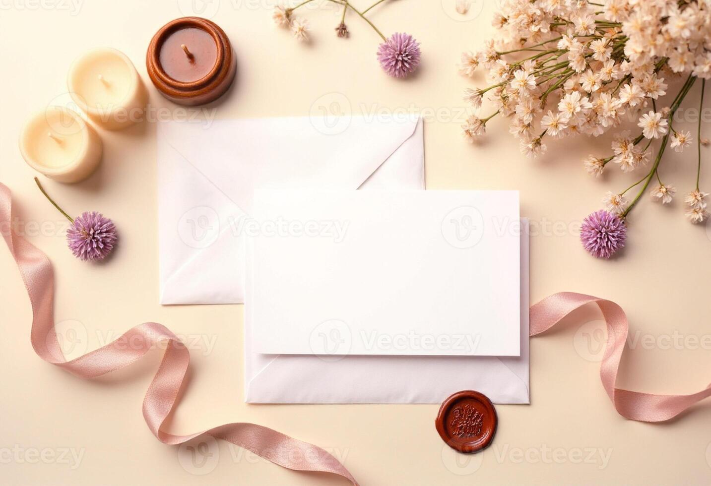 An open white envelope with pink ribbon and flowers photo