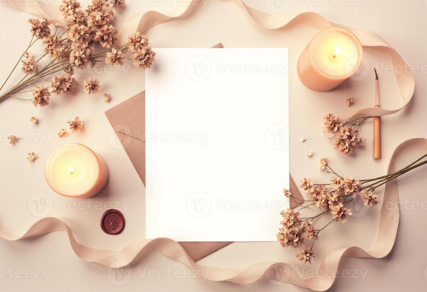 Blank paper, candles and ribbon on white background photo