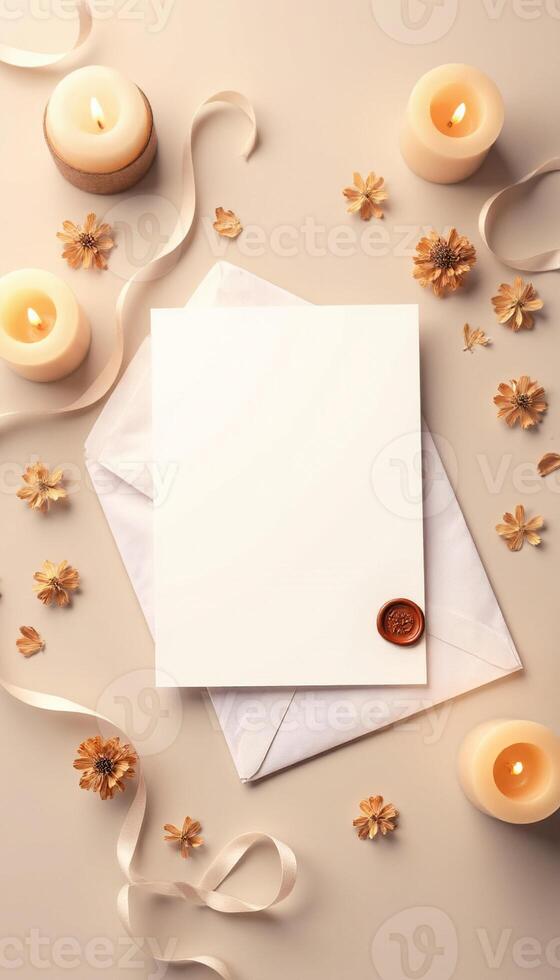 An envelope with candles and a blank card on a beige background photo